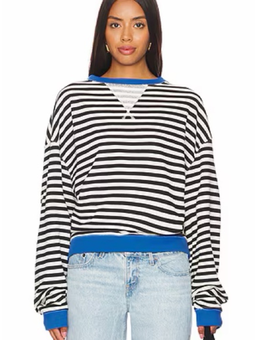 Free People We The Free Classic Striped Crew in Black Combo Size Small